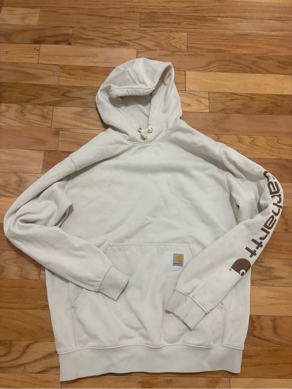 Carhartt Men’s Cream Hoodie with Brown Sleeve Logo